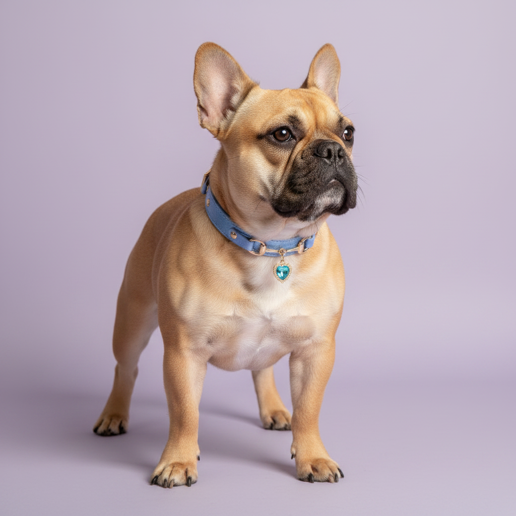 Fawn French Bulldog standing and looking upward, wearing a light blue leather pet collar with rose gold snaffle-bit hardware and a teal crystal heart charm pendant, on a soft lavender background