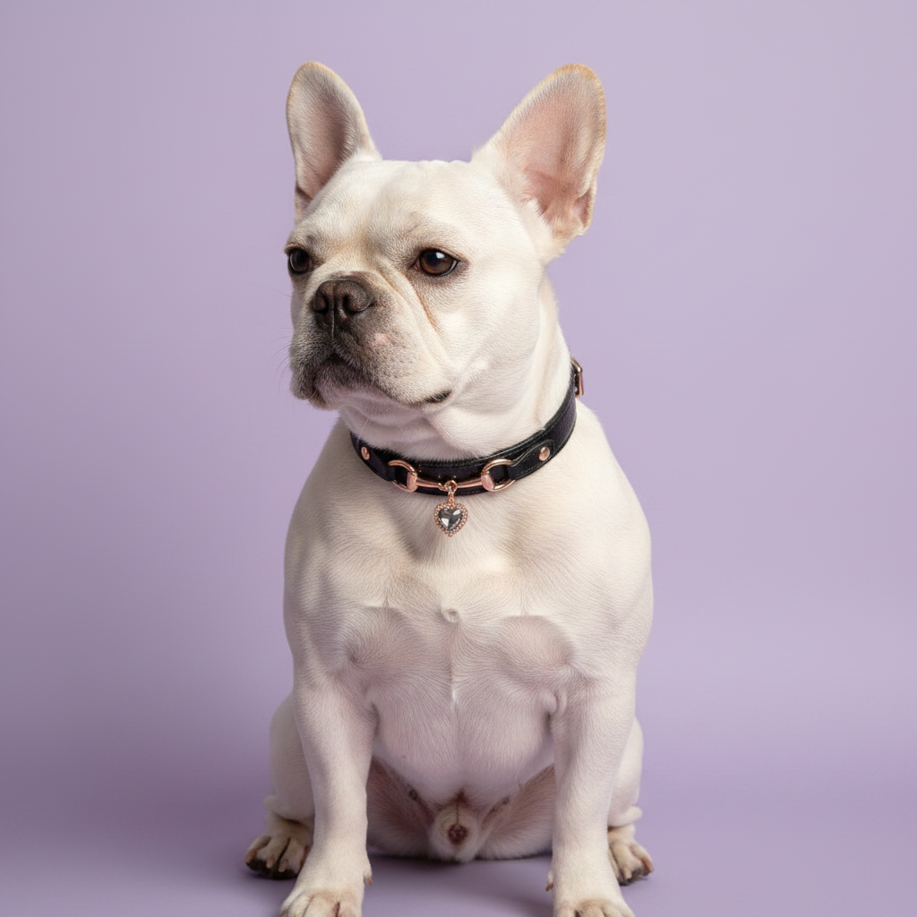 White French Bulldog seated upright and looking to the side, wearing a black leather pet collar with rose gold snaffle-bit hardware and a grey crystal heart charm pendant, on a soft lavender background