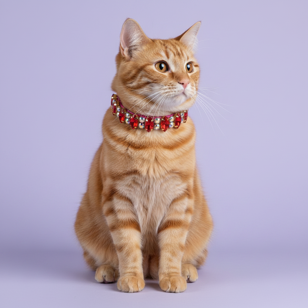 Orange tabby cat sitting upright with an upward gaze wearing a fuchsia pink cat collar with ruby red marquise and AB crystal rhinestones set in gold