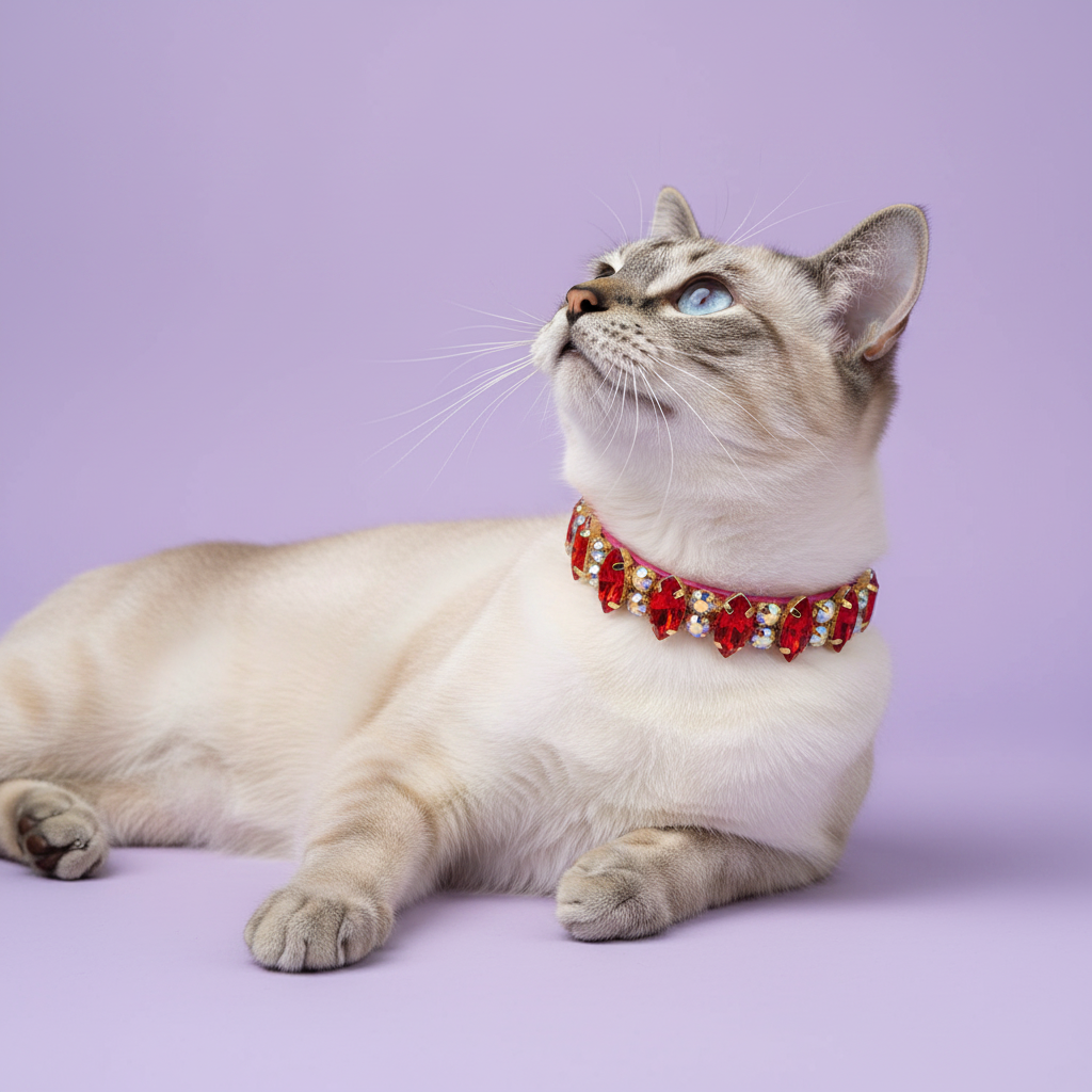 Siamese cat lounging with paws stretched forward and gazing upward wearing a cat collar with ruby red marquise and AB crystal rhinestones set in gold