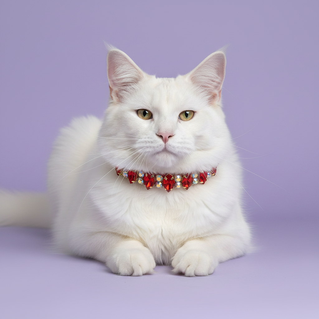 White Maine Coon in a loaf pose facing the camera wearing a cat collar with ruby red marquise and AB crystal rhinestones set in gold