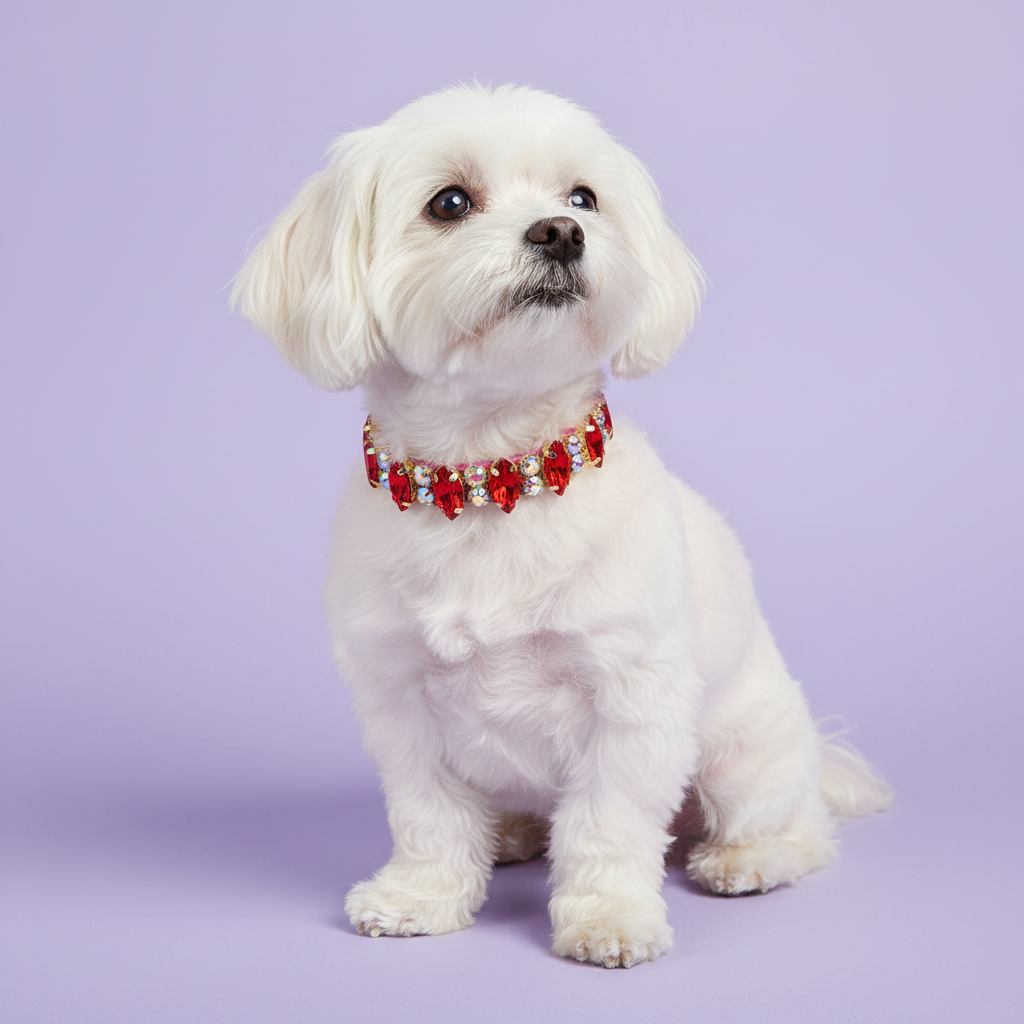 White Maltese sitting upright with an upward gaze wearing a fuchsia pink dog collar with ruby red marquise and AB crystal rhinestones set in gold