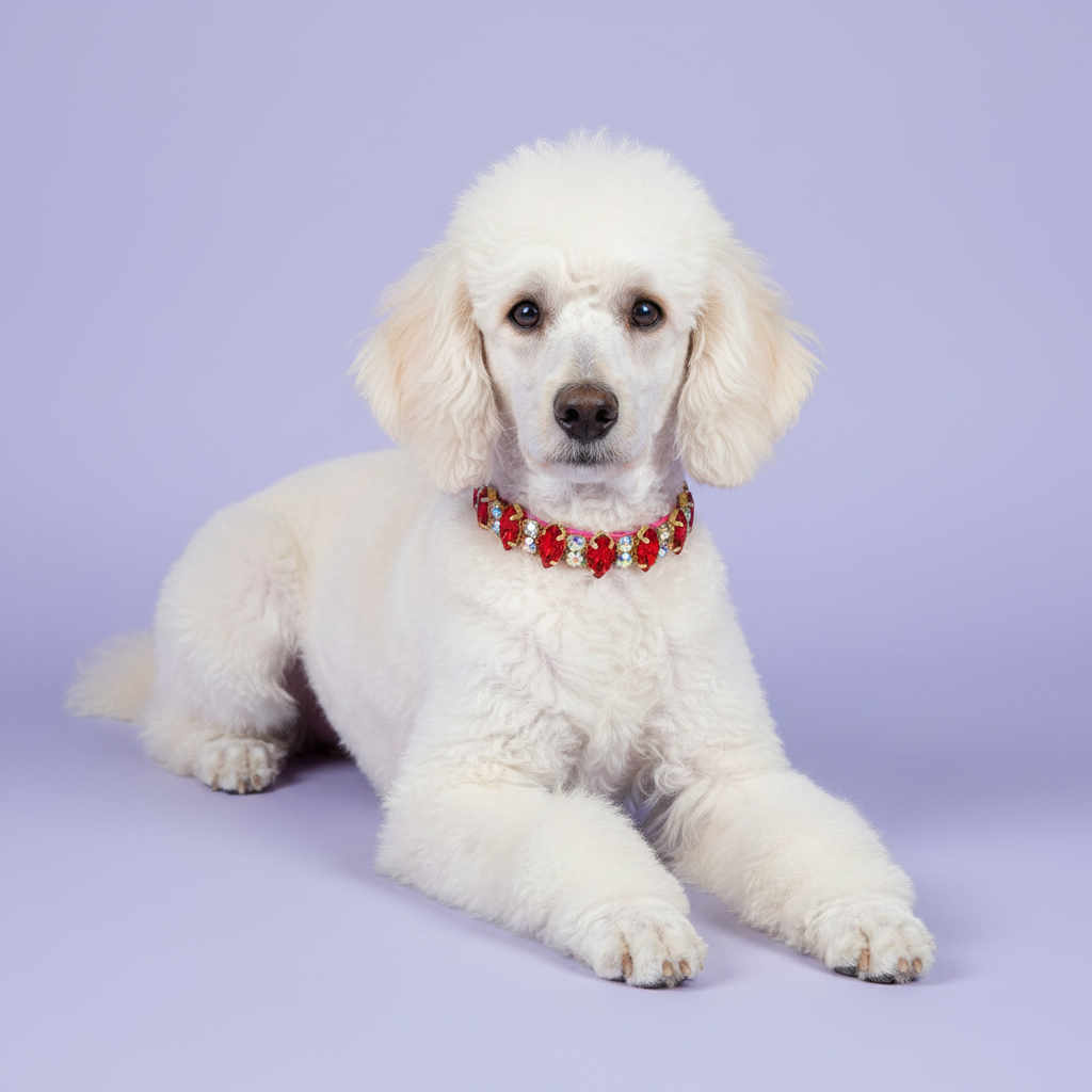 White Standard Poodle lounging with paws stretched forward and gazing toward the camera wearing a fuchsia pink dog collar with ruby red marquise and AB crystal rhinestones set in gold