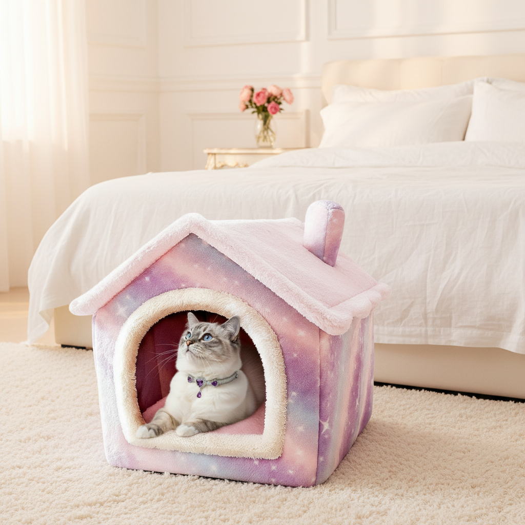 Blue-eyed grey tabby cat lounging inside a pink and purple galaxy star print house-shaped pet bed with fluffy pink sherpa roof, cream arched entrance trim, and chimney detail, placed on a cream rug beside a white bed in a bright romantic bedroom with pink roses on the nightstand, wearing a blue crystal rhinestone collar with teardrop pendant