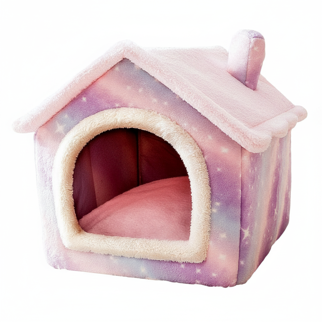 Pink and purple galaxy star print house-shaped pet bed with fluffy pink sherpa roof, cream arched entrance trim, chimney detail, and pink cushioned interior on a clean white background