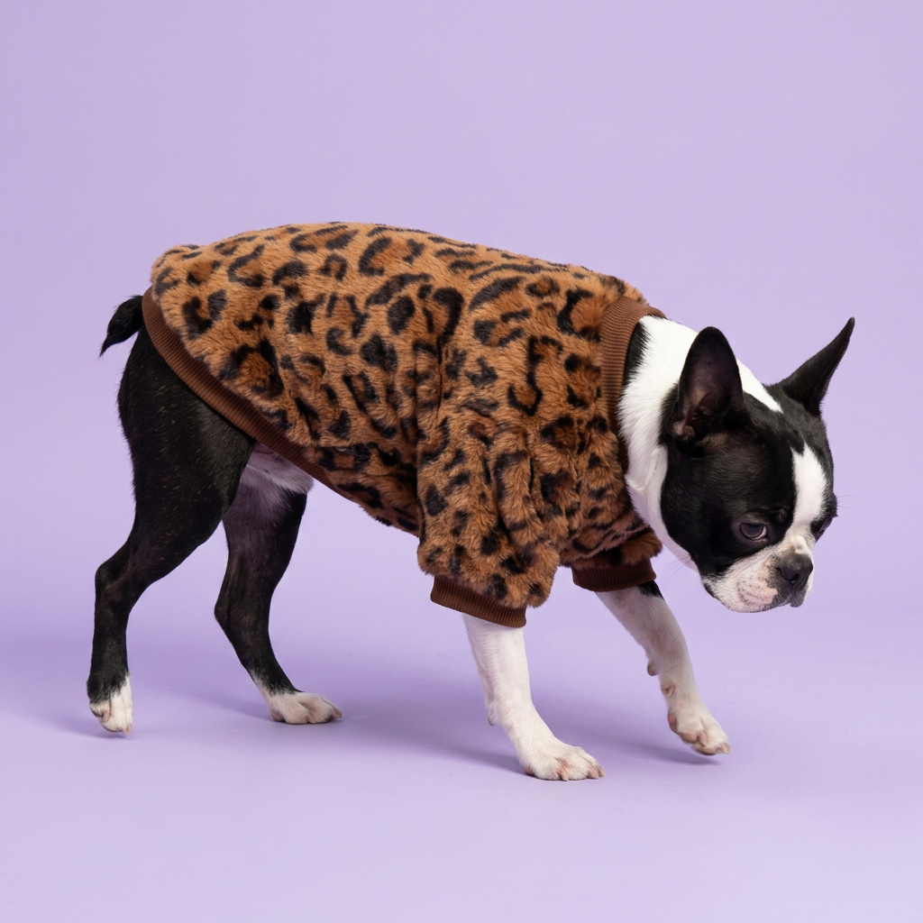 Gently stepping Boston terrier in the leopard sweatshirt