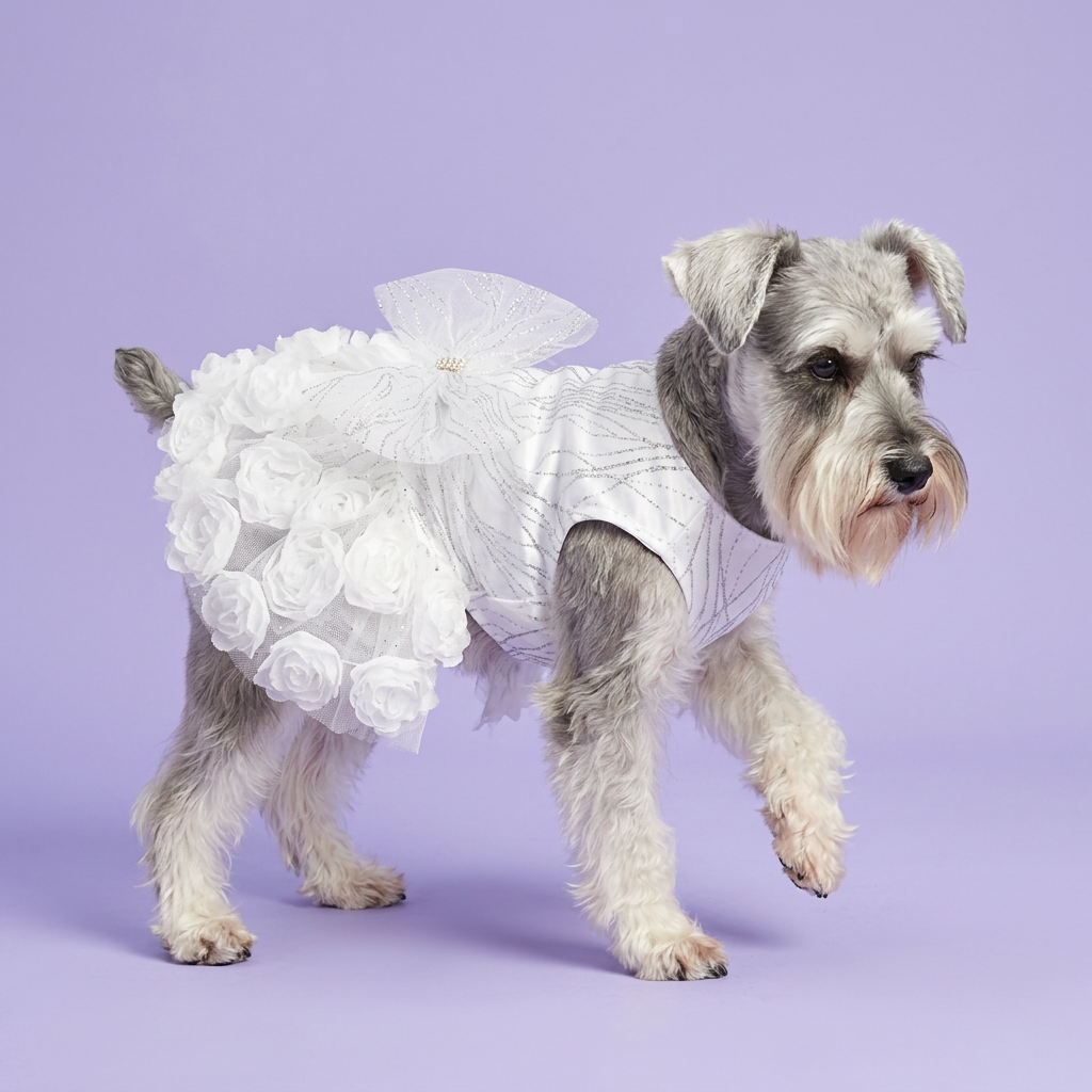 Gently stepping miniature schnauzer wearing the white rosette dress