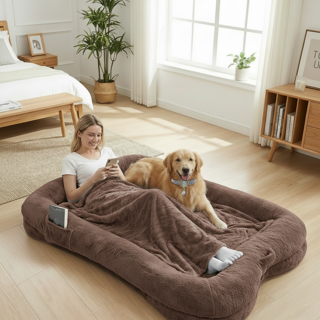 Woman scrolling phone with Golden Retriever on an oversized chocolate brown plush human-sized dog bed with bolster sides, side pocket, and matching blanket in a bright modern bedroom