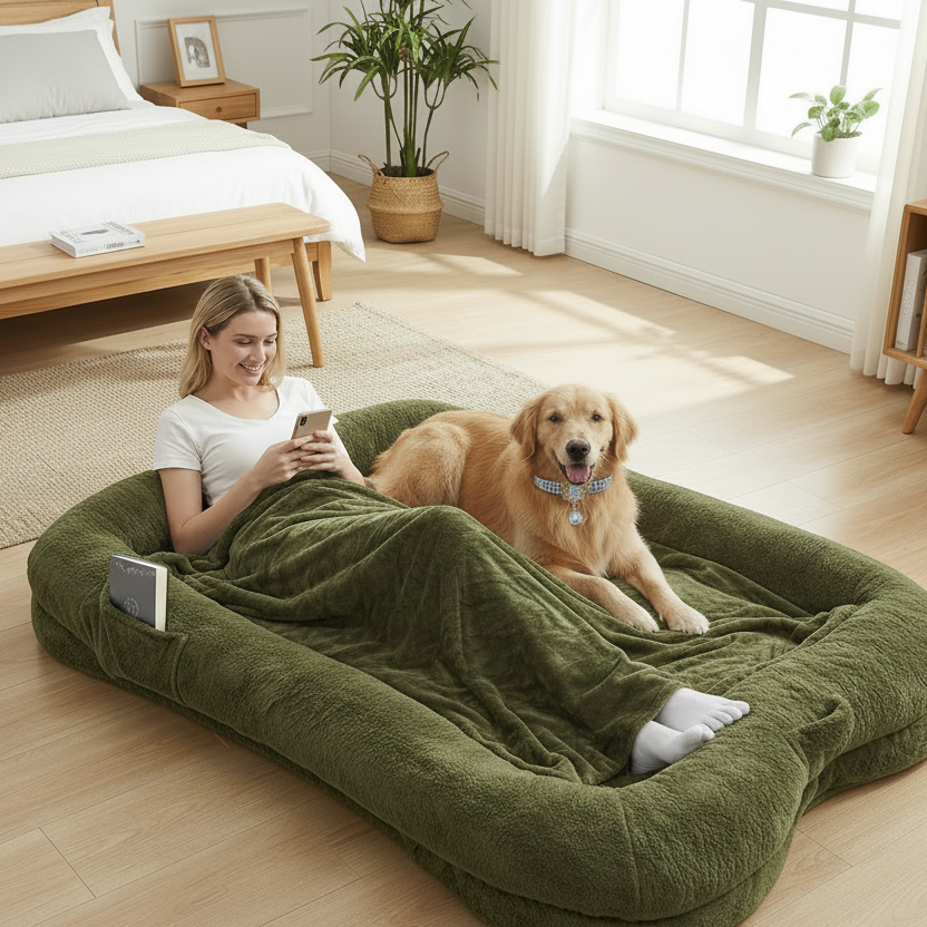 Woman scrolling phone with Golden Retriever on an oversized olive green plush human-sized dog bed with bolster sides, side pocket, and matching blanket in a bright modern bedroom