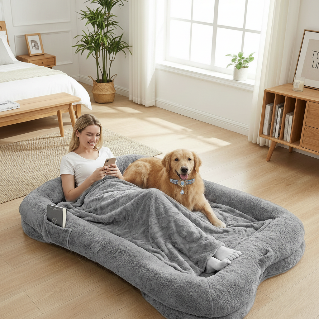 Woman scrolling phone with Golden Retriever on an oversized grey plush human-sized dog bed with bolster sides, side pocket, and matching blanket in a bright modern bedroom