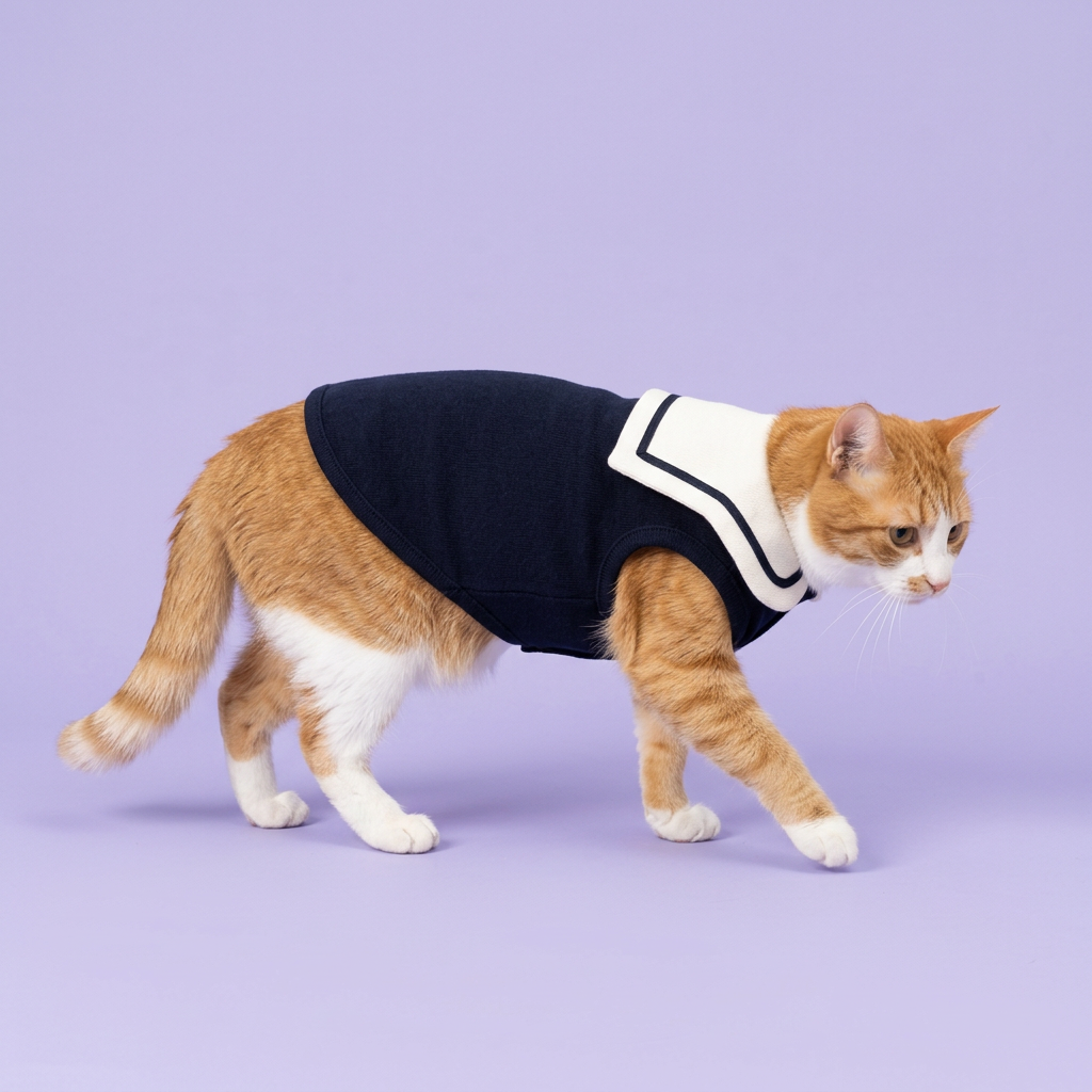 Ginger-and-white cat gently stepping in the sailor shirt