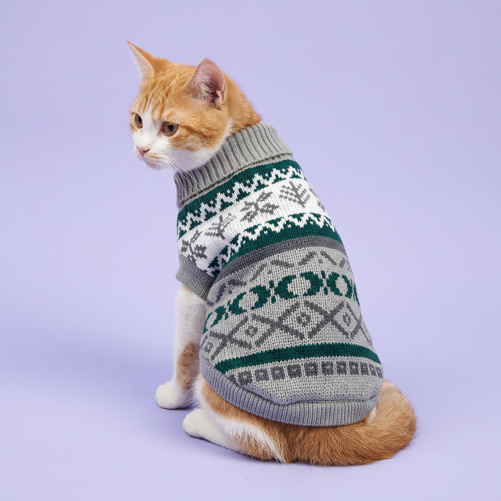Ginger-and-white cat in the grey-and-green sweater