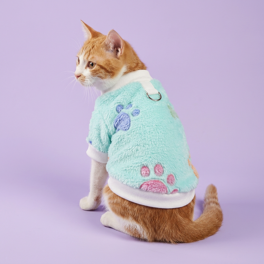 Ginger-and-white cat in the mint paw-print sweater