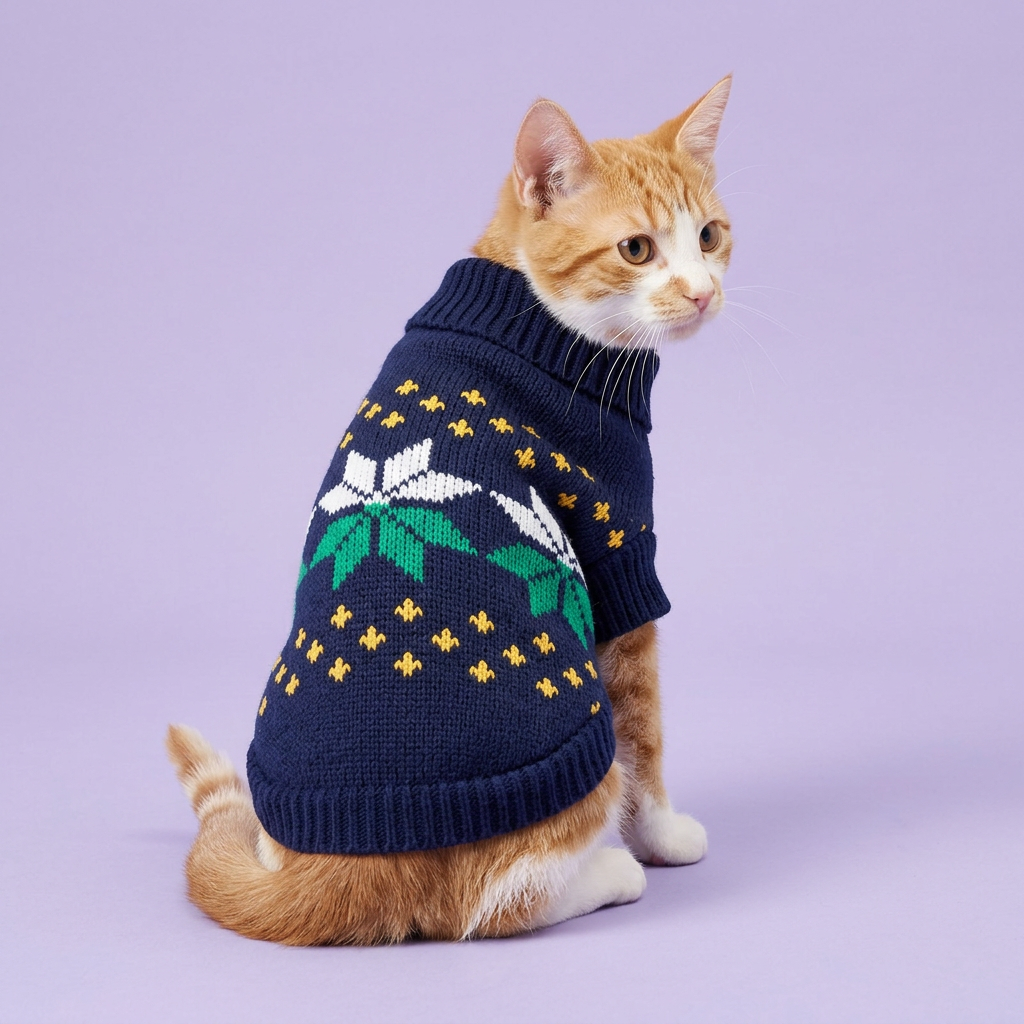 Ginger-and-white cat in the navy sweater
