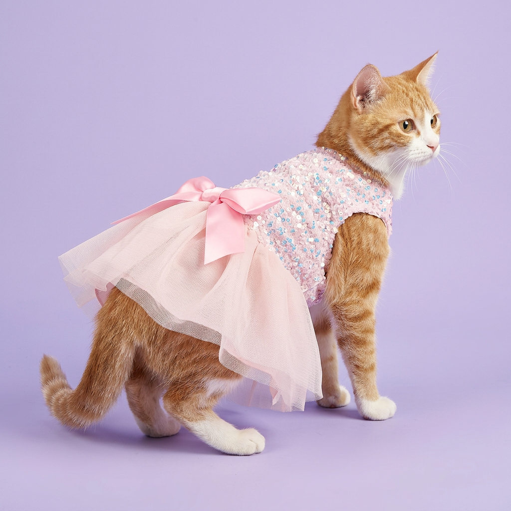 Ginger-and-white cat in the pale blush skirt dress