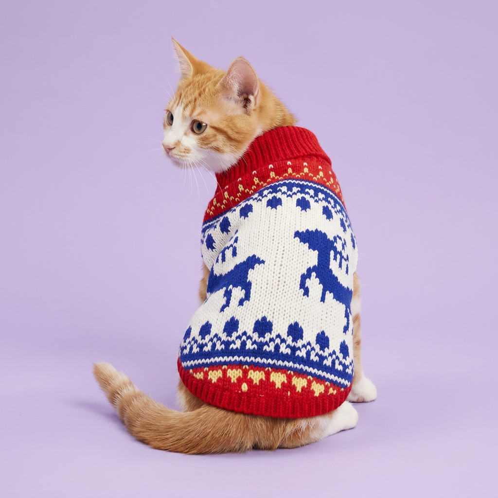 Ginger-and-white cat in the reindeer sweater