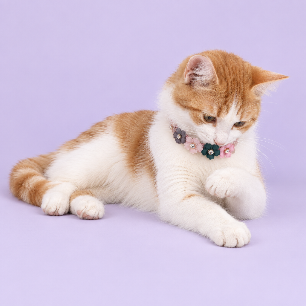 Ginger-and-white cat lounging and looking at its paw