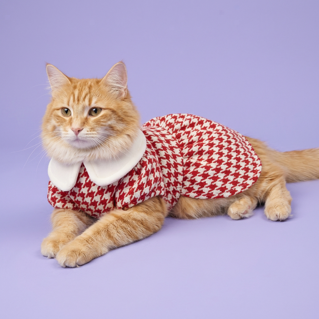 Ginger-and-white cat lounging in the houndstooth dress