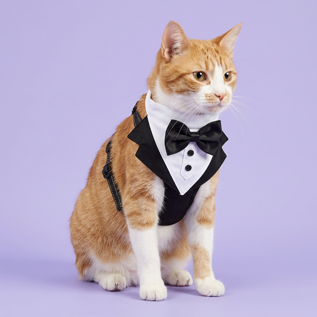 Ginger-and-white cat seated in the tuxedo harness