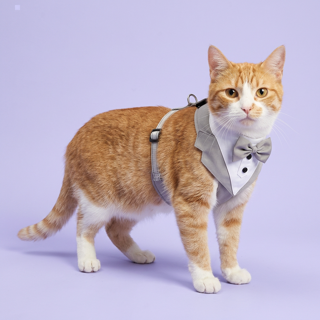 Ginger-and-white cat standing in the grey tuxedo harness