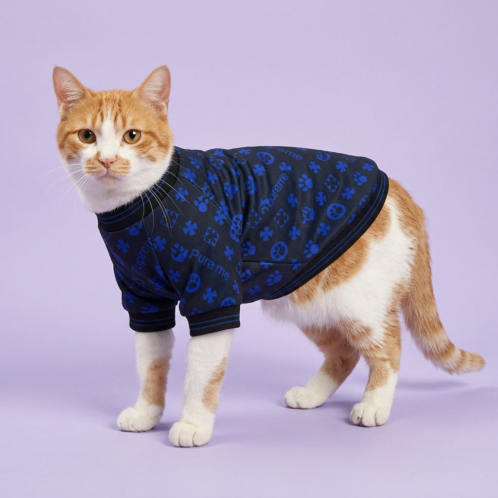 Ginger-and-white cat standing in the navy patterned top