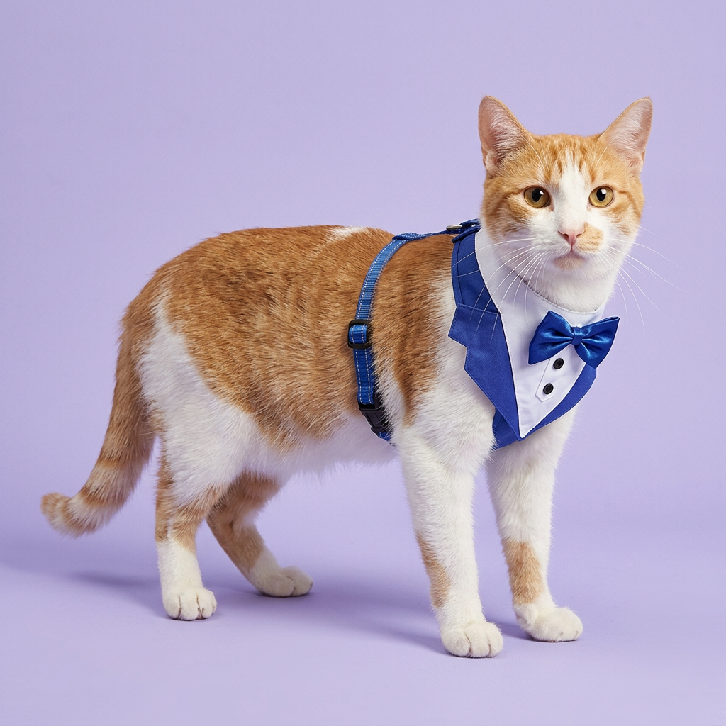 Ginger-and-white cat standing in the royal-blue tuxedo harness