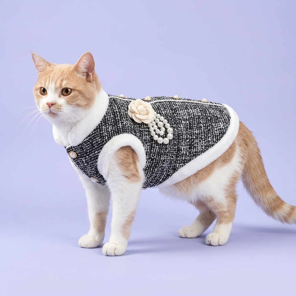 Ginger-and-white cat standing side-on in the tweed jacket
