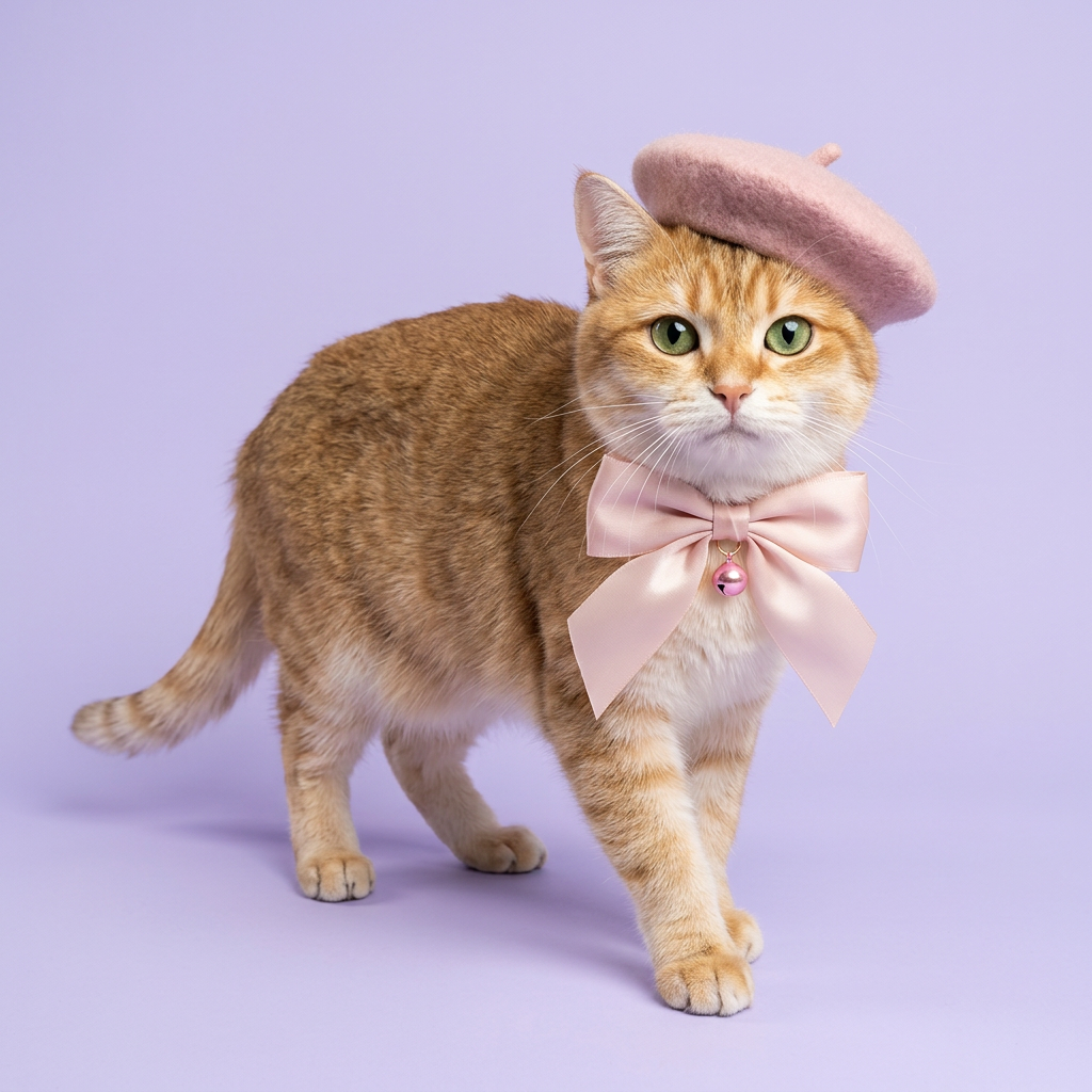 Ginger-and-white cat stepping forward in the pink beret and bow