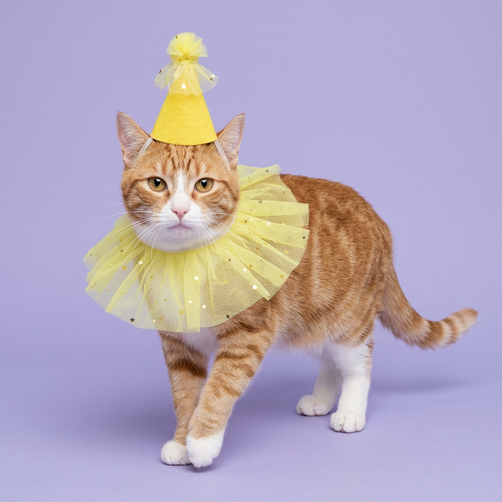Ginger-and-white cat stepping forward in the yellow party set