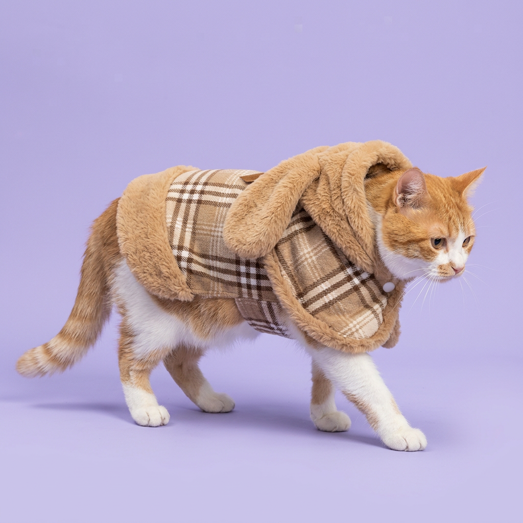 Ginger-and-white cat stepping with the hood down