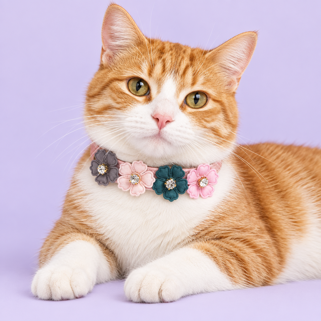 Ginger-and-white cat wearing the floral collar