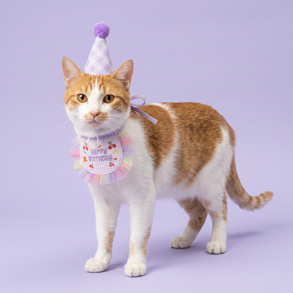 Ginger-and-white cat wearing the lavender birthday set
