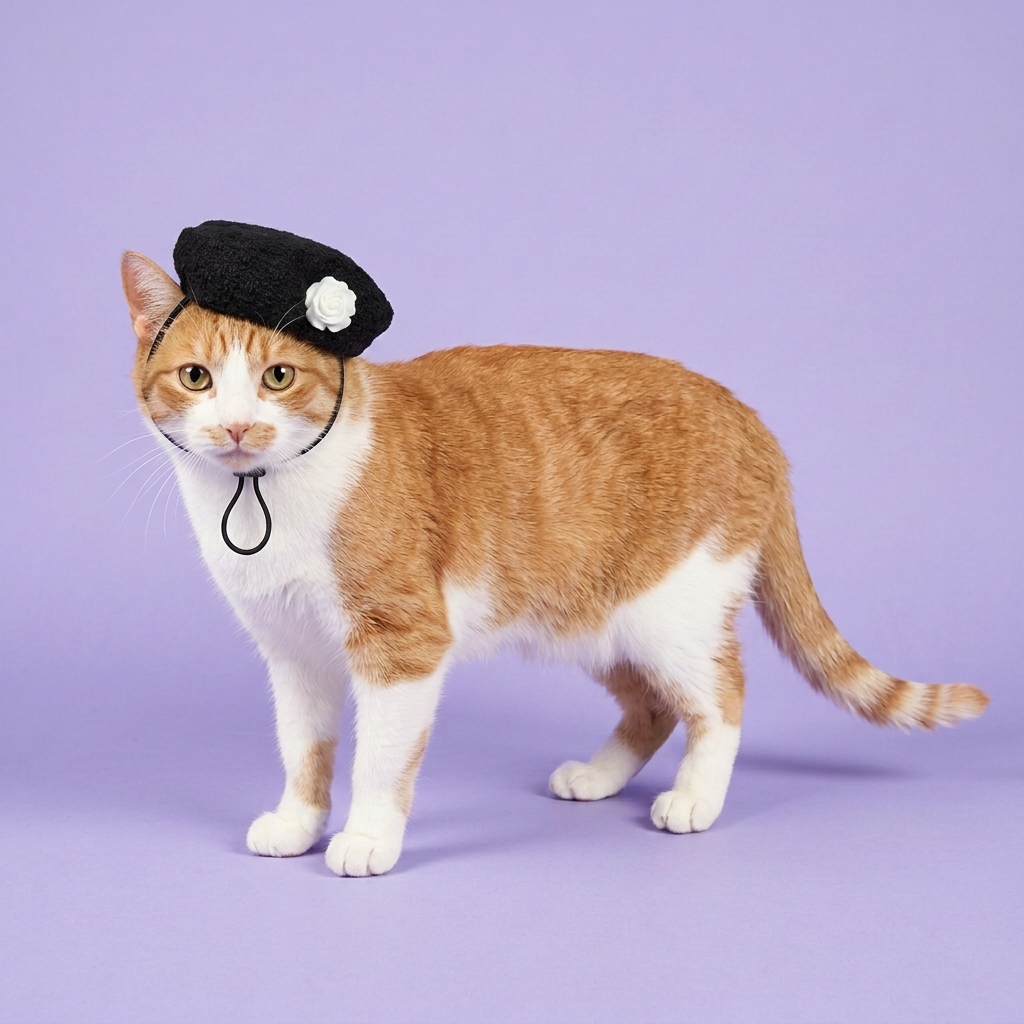 Ginger-and-white cat with a smaller beret and black chin strap