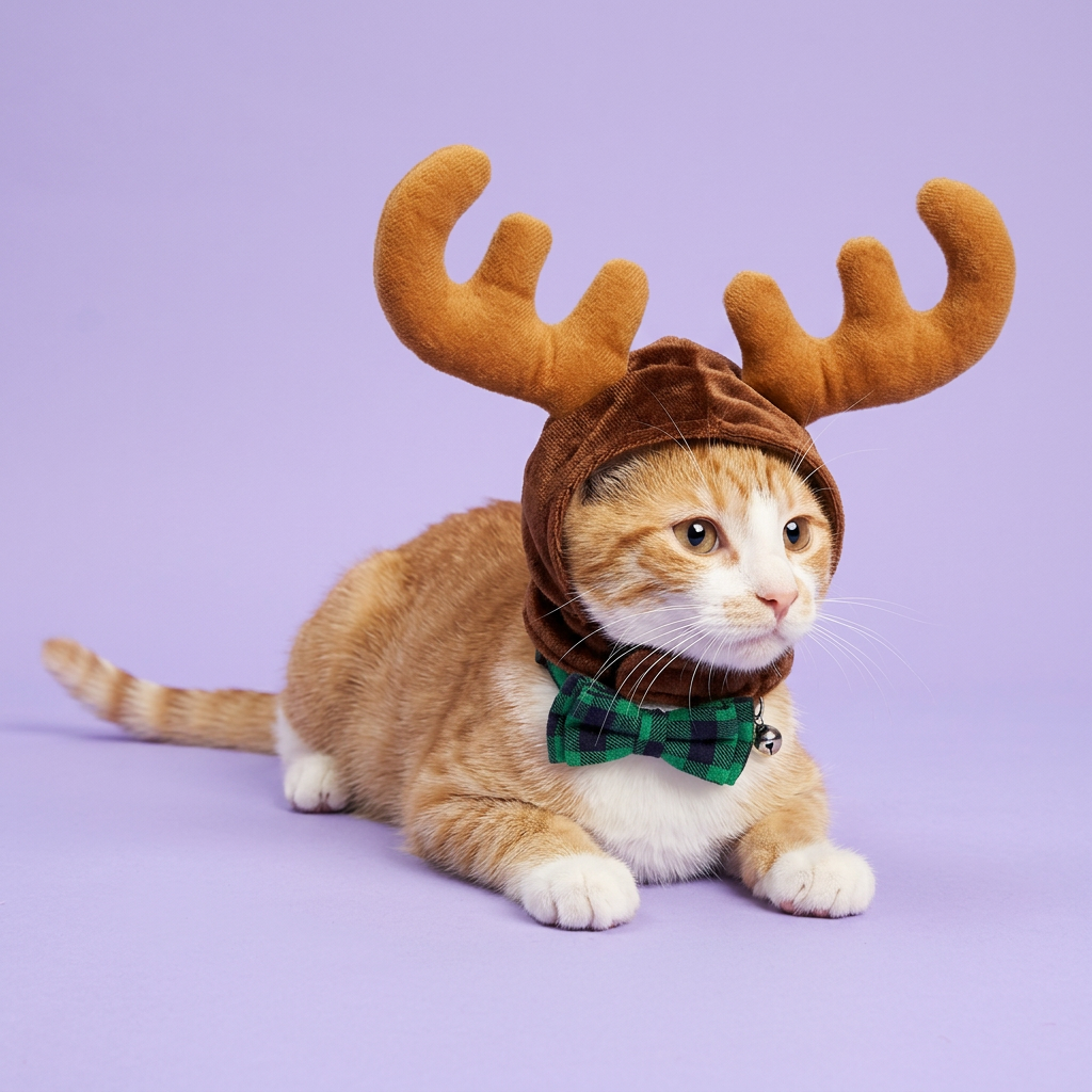 Ginger-and-white cat with antler hood and green bow collar