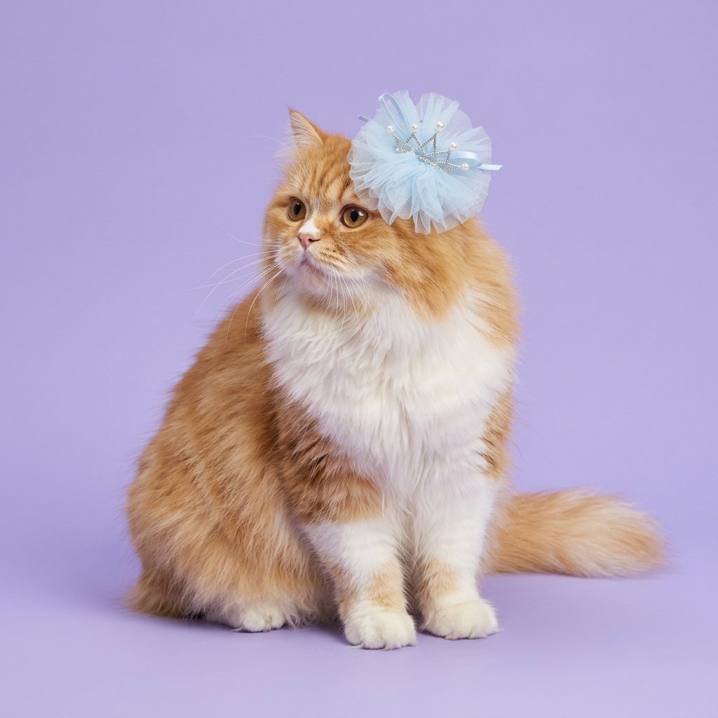 Ginger-and-white Persian wearing the baby-blue tulle crown clip