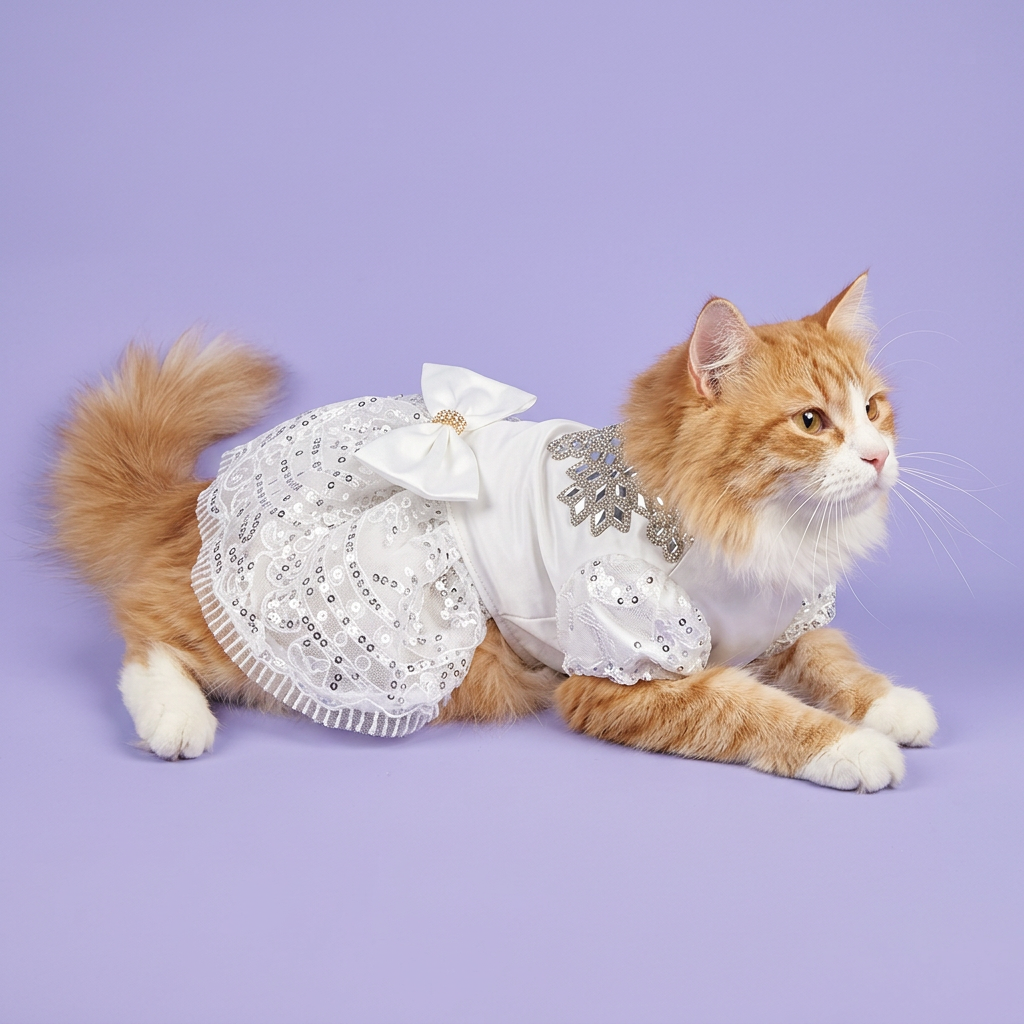 Ginger-and-white Siberian lounging with crossed forepaws