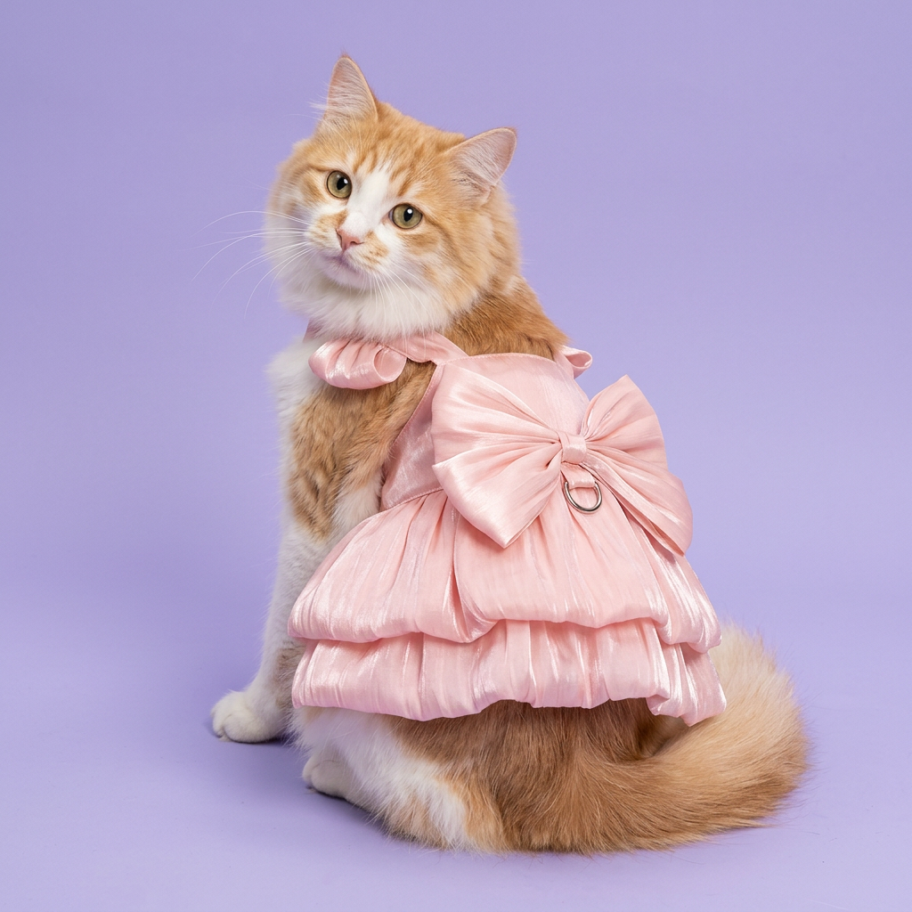 Ginger-and-white Siberian showing the pink back bow