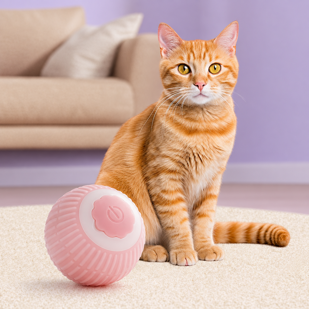 Ginger cat beside pink toy in a living room with a soft lavender wall