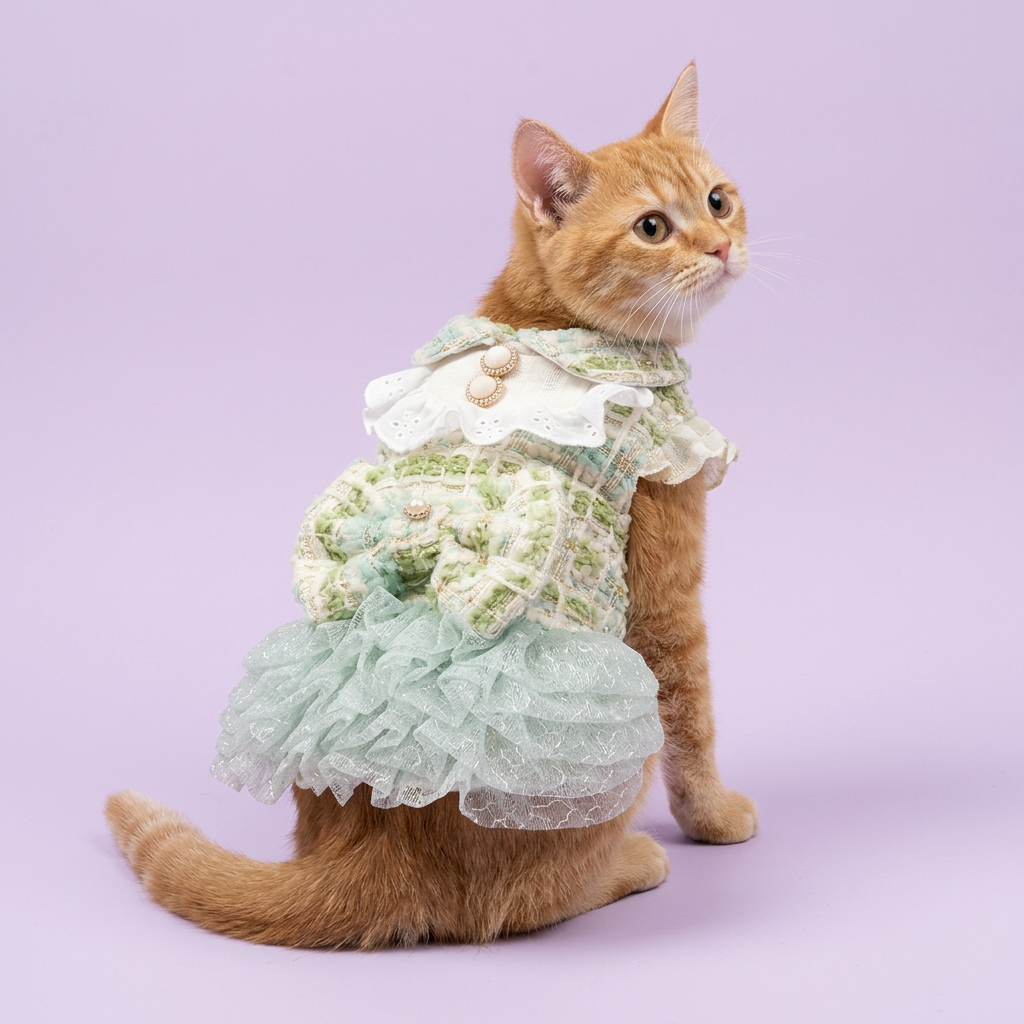Ginger cat in the green tweed dress