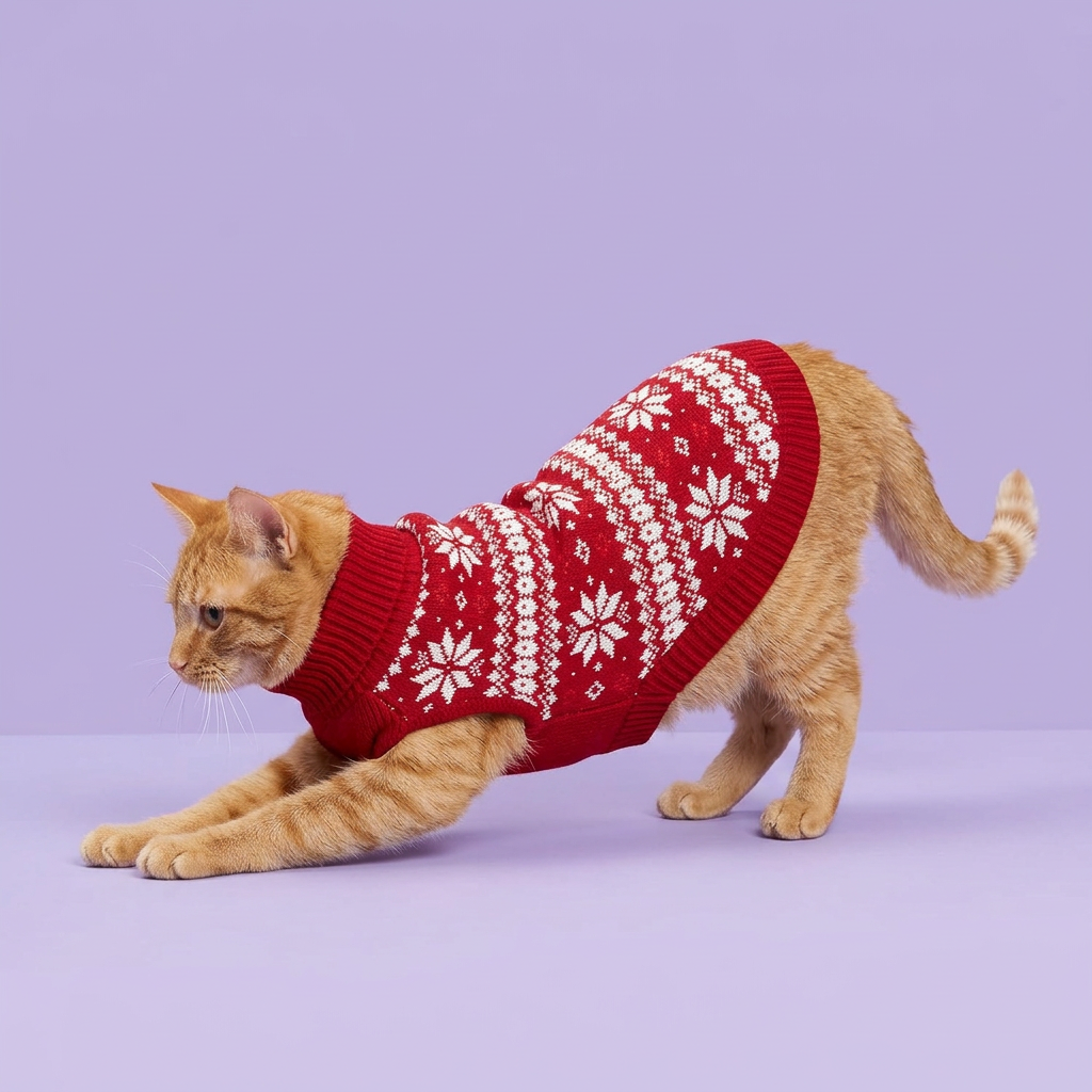 Ginger cat stretching gently in the red sweater