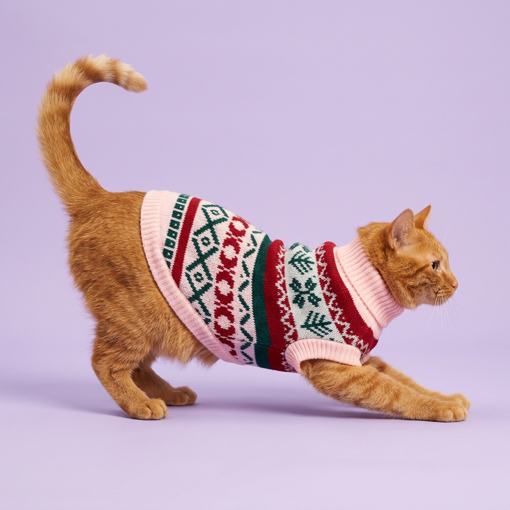 Ginger cat stretching in the pink-trimmed sweater