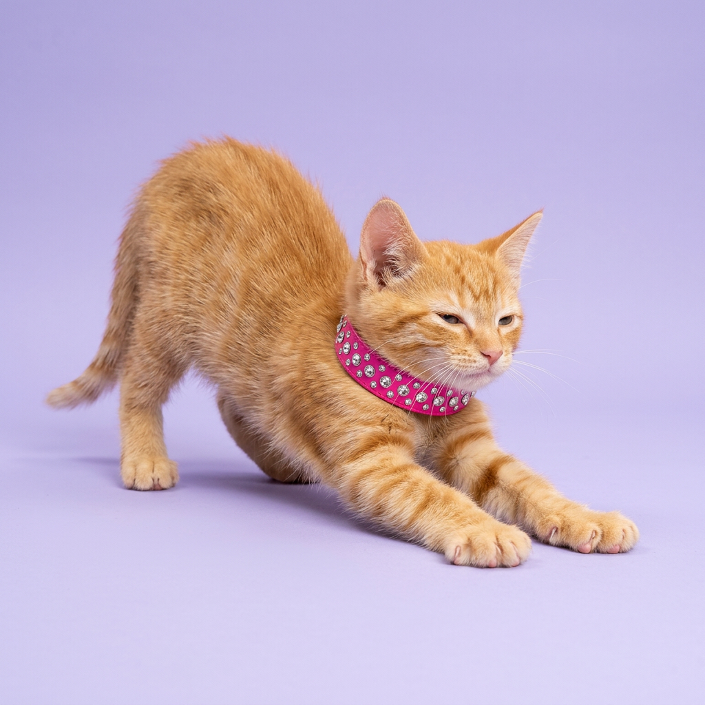 Ginger kitten stretching forward, wearing the hot pink rhinestone collar