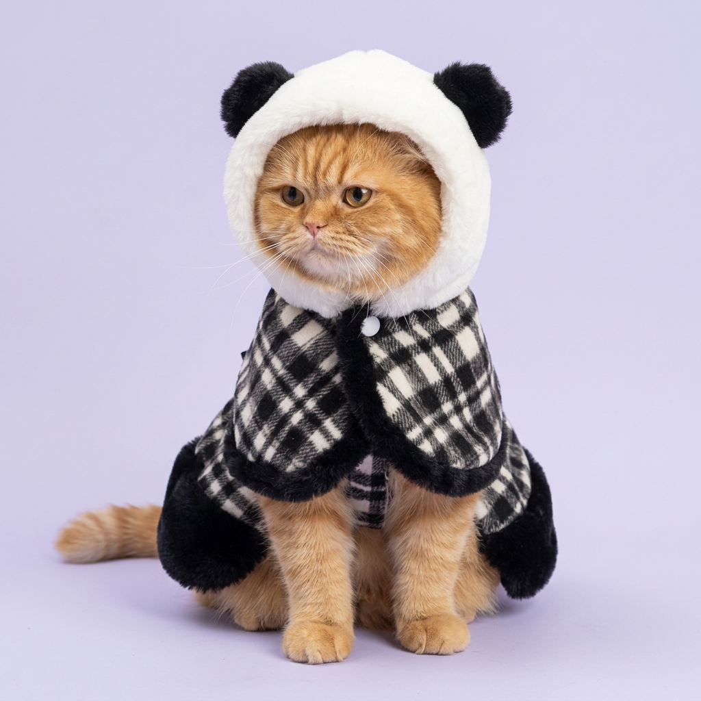 Ginger Persian seated with the panda hood up