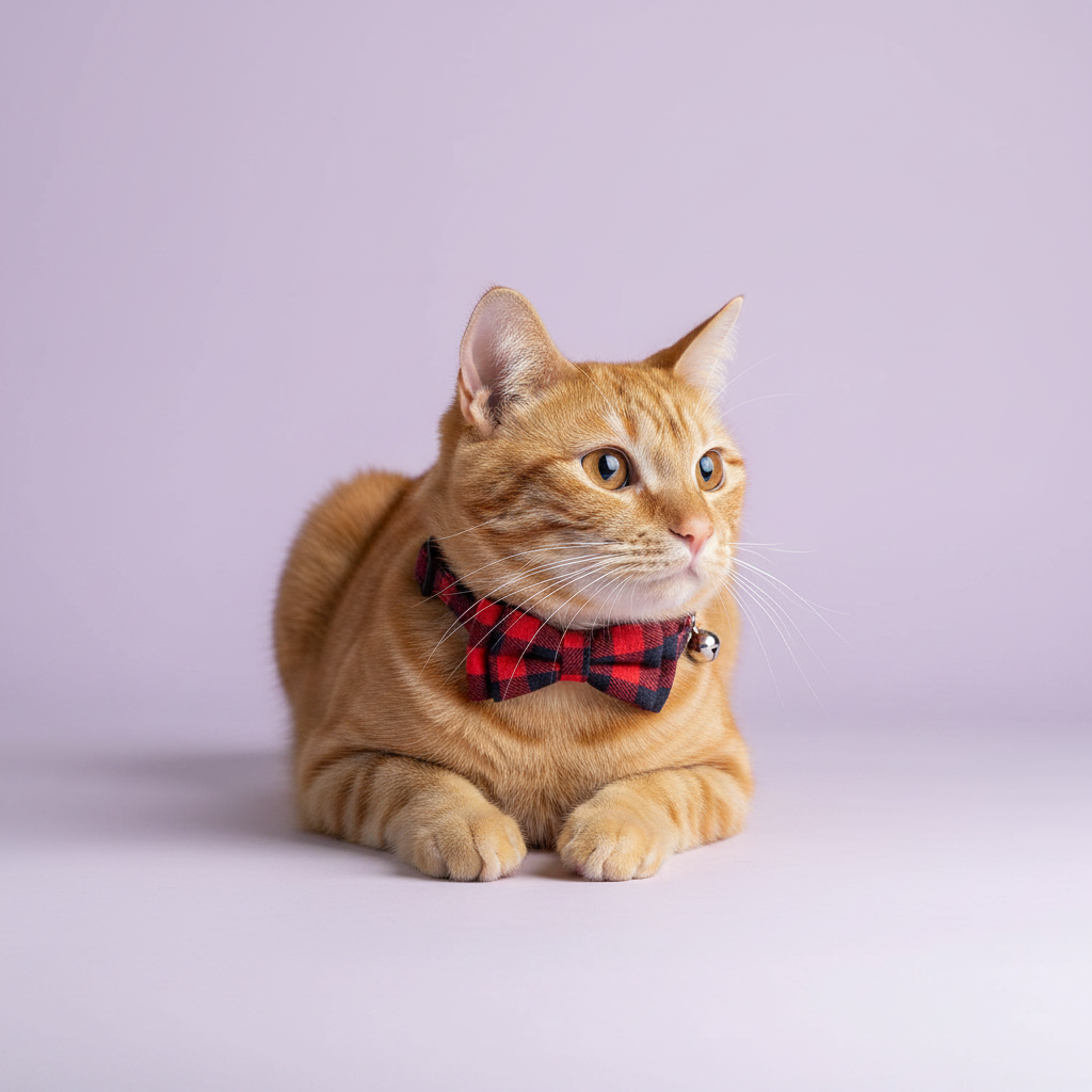 Golden-eyed ginger tabby cat in loaf pose and gazing upward wearing a red and black plaid bow tie cat collar with bell on lavender background