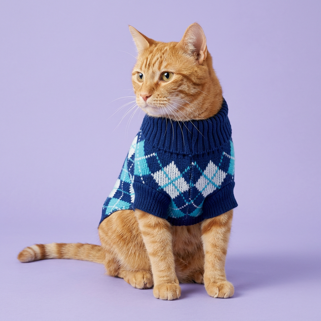 Ginger tabby wearing the navy argyle sweater on lavender