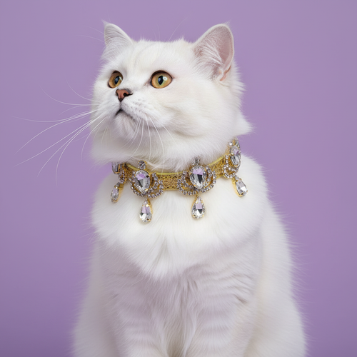 White Persian cat sitting upright wearing a gold chandelier rhinestone cat collar with clear crystal teardrop dangles