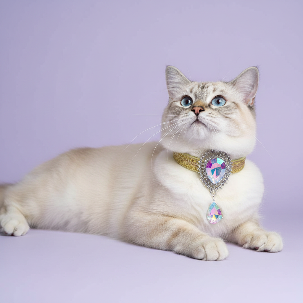 Blue-eyed Ragdoll cat lounging with paws stretched forward and gazing upward wearing a gold glitter cat collar with an AB crystal heart centerpiece and a dangling AB teardrop pendant set in silver