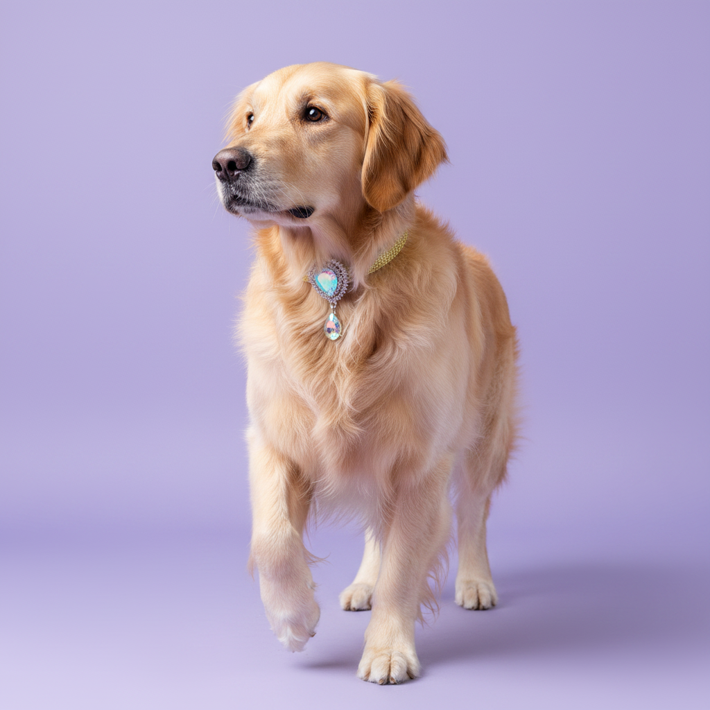 Golden Retriever mid-stride in a three-quarter pose gazing to the side wearing a gold glitter dog collar with an AB crystal oval centerpiece and a dangling AB teardrop pendant set in silver