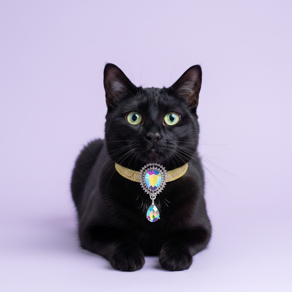 Sleek black cat with green eyes sitting upright in a loaf pose and facing the camera wearing a gold glitter cat collar with an AB crystal oval centerpiece and a dangling AB teardrop pendant set in silver