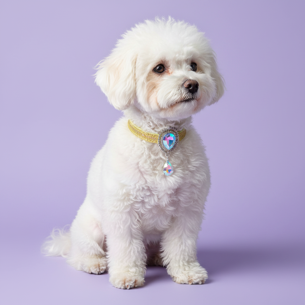 White Bichon Frise sitting upright in a three-quarter pose facing the camera wearing a gold glitter dog collar with an AB crystal oval centerpiece and a dangling AB teardrop pendant set in silver